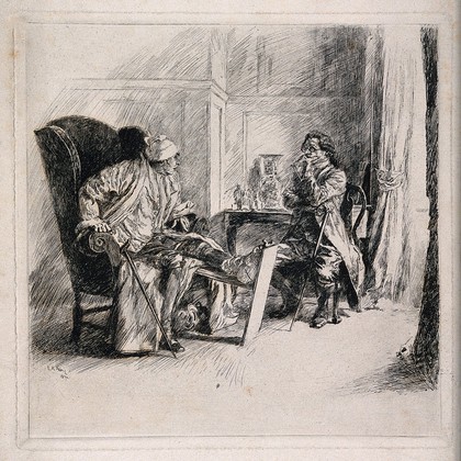 A gouty patient consulting his physician. Etching after E.A. Abbey, 1891.