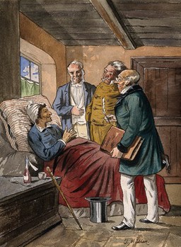 A sick man at home in bed discussing his case with three physicians. Watercolour by T. Müller.