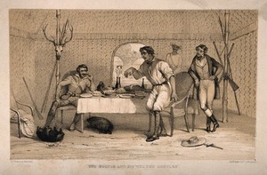 view A man making fun of a physician because he keeps two wild animals as pets, in a tent in India(?). Lithograph by R.J. Hamerton after himself.