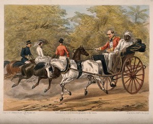 view A British administrator and retired physician driving a carriage at high speed, accompanied by an Indian servant. Coloured lithograph by E. Walker after Captain G.F. Atkinson.