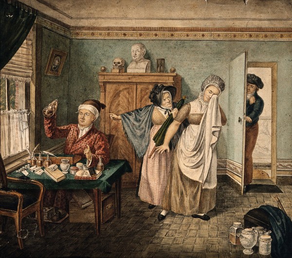 A physician examining a urine specimen in which a faint figure of a baby is visible, a female patient is crying and being shouted at by her angry mother, indicating that she is pregnant. Watercolour by I.T., 1826.