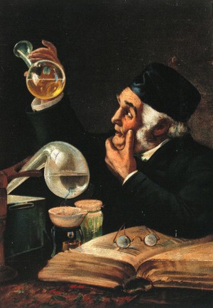 view A chemist examining a flask of golden liquid, with a book and chemical apparatus. Colour process print.