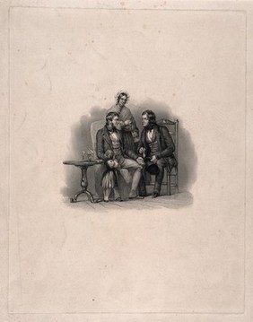 A male patient surrounded by his family discussing his illness with a physician. Engraving.