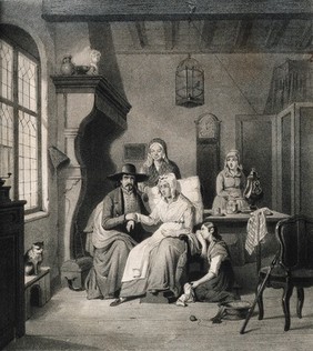 A physician taking the pulse of a sick woman, who is surrounded by members of her family. Lithograph.
