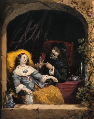 A physician recommending some medicine to a young female patient. Coloured lithograph, 1853, by H. Garnier, 1836, after J.L. Canon.
