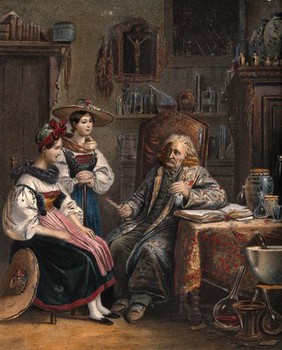 A lady, with her maid, consults an apothecary in his workroom, for a love philtre (?). Coloured lithograph, c.1850.