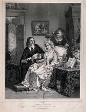 A young physician feeling the pulse of a young woman, a painting of two lovers in the background suggests her illness maybe lovesickness. Lithograph by L.E. Soulange-Teissier, 1850, after P.L.A.A. Terral.