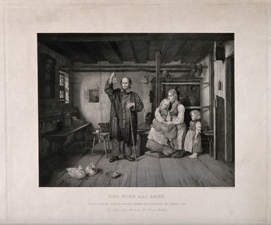 A rural medical practitioner examining a urine specimen, a concerned mother with two children sitting near him. Line engraving by A. Fleischmann, 1839, after J.F.C. Kreul (?).