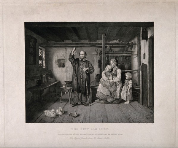 A rural medical practitioner examining a urine specimen, a concerned mother with two children sitting near him. Line engraving by A. Fleischmann, 1839, after J.F.C. Kreul (?).