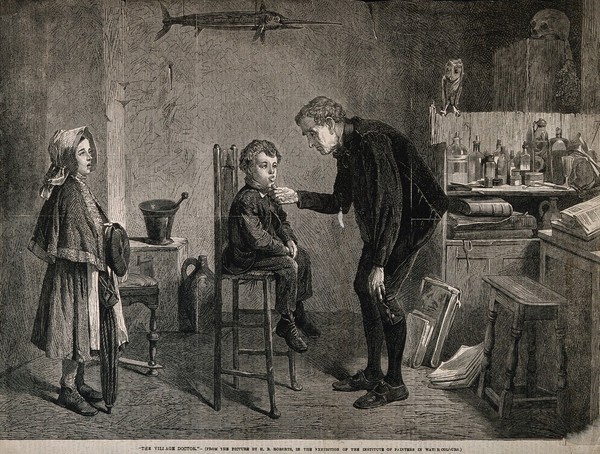 A physician in his surgery examining a little boy's tongue, his sister waits for him holding a large umbrella. Wood engraving after H.B. Roberts.