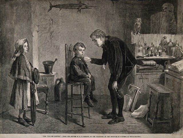A physician in his surgery examining a little boy's tongue, his sister waits for him holding a large umbrella. Wood engraving after H.B. Roberts.