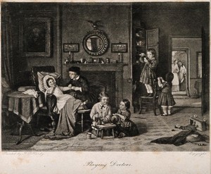 view A group of children playing at being doctors and pharmacists, mother and grandmother approach through a door. Photogravure after F.D. Hardy.