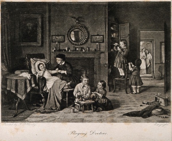 A group of children playing at being doctors and pharmacists, mother and grandmother approach through a door. Photogravure after F.D. Hardy.