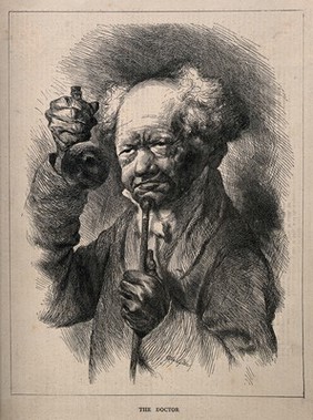 A physician examining a urine sample in a flask, cane pressed against his chin. Wood engraving after A.A. Oberländer.