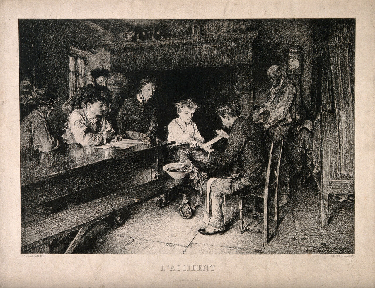 A physician bandaging the hand of a boy, who is surrounded by his large family. Heliogravure by Dujardin after P.A.J. Dagnan-Bouveret., by Pascal Dagnan-Bouveret