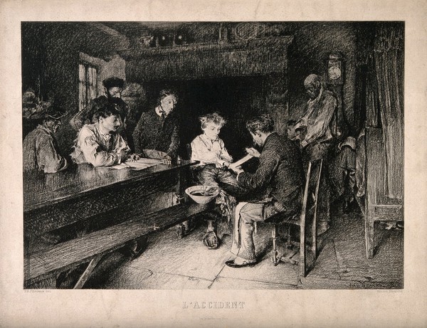A physician bandaging the hand of a boy, who is surrounded by his large family. Heliogravure by Dujardin after P.A.J. Dagnan-Bouveret.