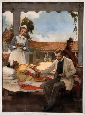 view A physician taking the pulse of a male patient with a bandaged head, a nurse is standing near with a bowl, at an outdoor hospital in Korea. Colour process print after J.C.