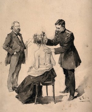 view A young physician in military uniform applying an instrument to a woman's neck, while an older man with papers in hand is watching him. Drawing by O. Gerlach.