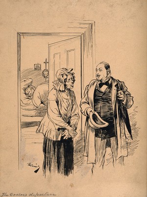 view A physician talking to his patient's wife on his way out after visiting him. Pen drawing by J. Ulrich.