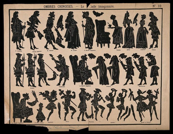The characters (in silhouette) from Molière's play 'Le malade imaginaire'. Process print.