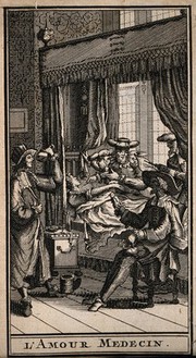 A group of physicians trying to diagnose a young woman's illness in a scene from Molière's L'amour médecin. Etching attributed to G. Schouten after J.B. Molière.