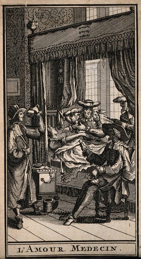 A group of physicians trying to diagnose a young woman's illness in a scene from Molière's L'amour médecin. Etching attributed to G. Schouten after J.B. Molière.