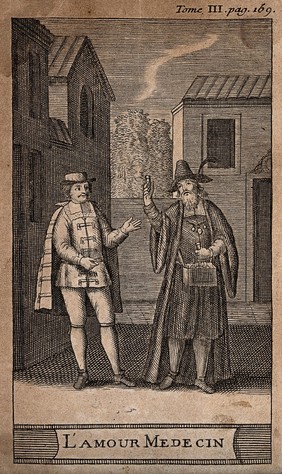 A young man buying a potion (to induce falling in love?) from a street medicine vendor from Molière's play L'amour médecin. Engraving after J.B. Molière.