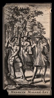 Three men in a wood, a scene from Molière's play Le médecin malgré luy. Engraving after J.B. Molière.