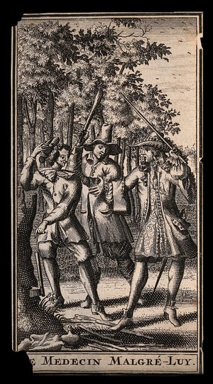 view Three men in a wood, a scene from Molière's play Le médecin malgré luy. Engraving after J.B. Molière.