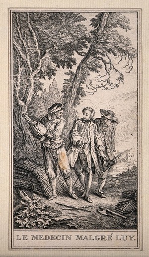 view Three men in a wood, a scene from Molière's play Le médecin malgré luy. Etching after Molière.