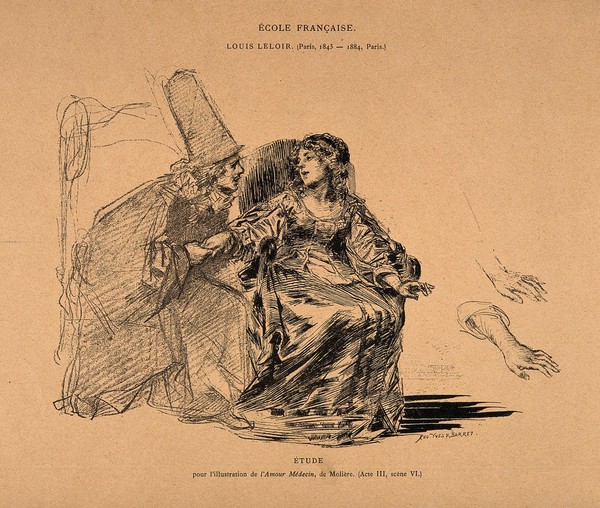 A physician holding the hand of a female patient in a scene from Molière's play L'amour médecin. Line block by Yves & Barret after L. Leloir.