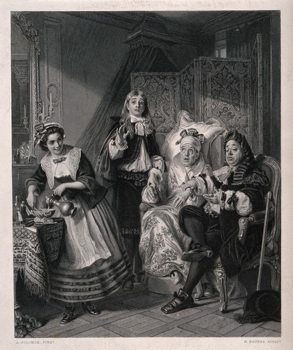 A wealthy hypochondriac having two physicians take his pulse at the same time. Line engraving by H. Bourne after A. Solomon.