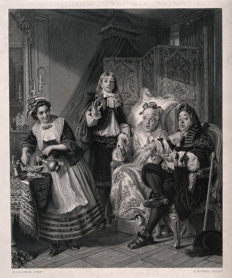 A wealthy hypochondriac having two physicians take his pulse at the same time. Line engraving by H. Bourne after A. Solomon., by Abraham Solomon