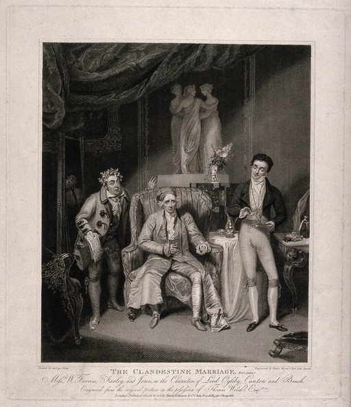 Lord Ogleby with Canton (a valet) and Brush in a scene from Colman and Garrick's The clandestine marriage. Engraving by H. Meyer, 1821, after G. Clint.