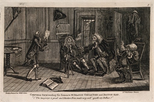 A scene from Tristram Shandy: Corporal Trim reading a sermon to Mr. Shandy, Uncle Toby, and Doctor Slop. Etching after L. Sterne.