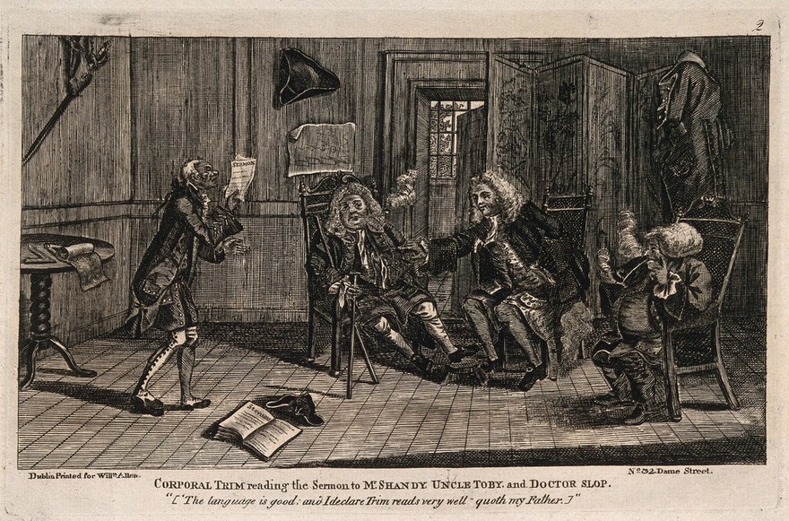 An episode in Tristram Shandy: Corporal Trim reading a sermon to Mr. Shandy, Uncle Toby, and Doctor Slop. Etching after L. Sterne.