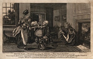view An episode in Tristram Shandy: Dr. Slop being attacked by Susannah with a saucepan, while the nurse holds the baby Tristram Shandy. Etching after L. Sterne.