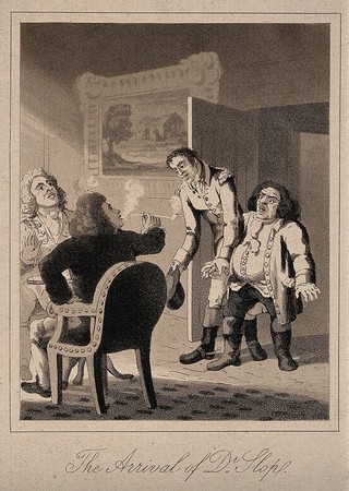 An episode in Tristram Shandy: Dr. Slop arriving at the home of Tristram Shandy, where Mr. Shandy is seated with a friend and smoking. Aquatint by J.H. Clark after L. Sterne.