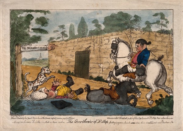 An episode in Tristram Shandy: Obadiah, riding a coach horse, knocks Dr. Slop off his pony, a sign points to Shandy Hall. Coloured etching after H.W. Bunbury after L. Sterne.