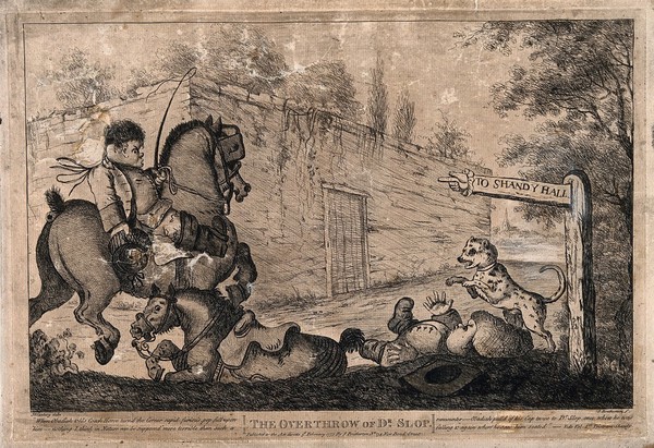 An episode in Tristram Shandy: Obadiah riding a coach horse knocks Dr. Slop off his pony into a pond, a sign to Shandy Hall hangs over him. Etching by J. Bretherton, 1773, after H.W. Bunbury after L. Sterne.