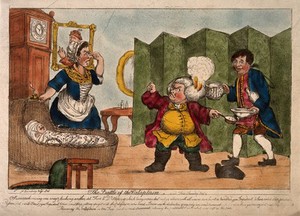 view An episode in Tristram Shandy: Dr. Slop, with his wig on fire, angrily gesticulating to Susannah who holds her nose near the wounded baby Tristram Shandy. Coloured etching after H.W. Bunbury after L. Sterne.