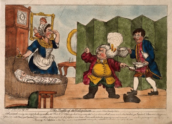 An episode in Tristram Shandy: Dr. Slop, with his wig on fire, angrily gesticulating to Susannah who holds her nose near the wounded baby Tristram Shandy. Coloured etching after H.W. Bunbury after L. Sterne.