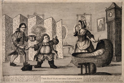 Dr. Slop, with his wig on fire, angrily gesticulating to Susannah who holds her nose near the wounded baby Tristram Shandy. Etching by J. Bretherton, 1773, after H.W. Bunbury after L. Sterne.