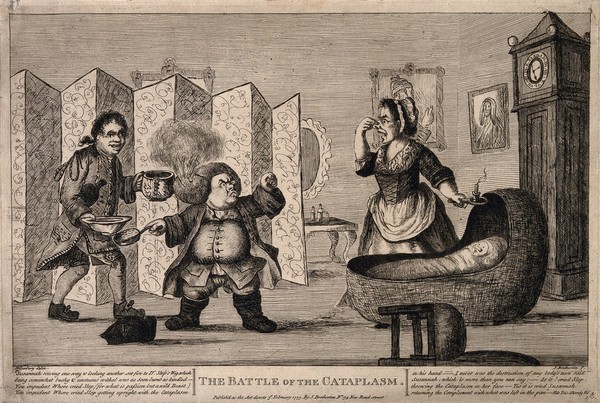 An episode in Tristram Shandy: Dr. Slop with his wig on fire angrily gesticulating to Susannah who holds her nose near the wounded baby Tristram Shandy. Etching by J. Bretherton, 1773, after H.W. Bunbury after L. Sterne.