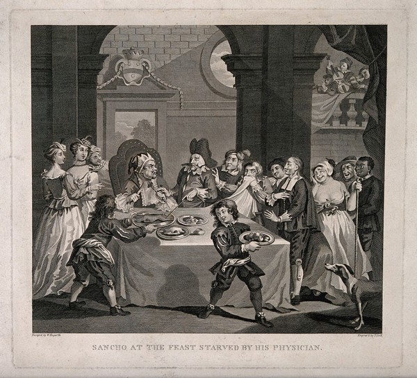 Sancho Panza (the squire of Don Quixote) , at a banquet, being starved for health reasons by his physician. Engraving by T. Cook after W. Hogarth after M. de Cervantes Saavedra.