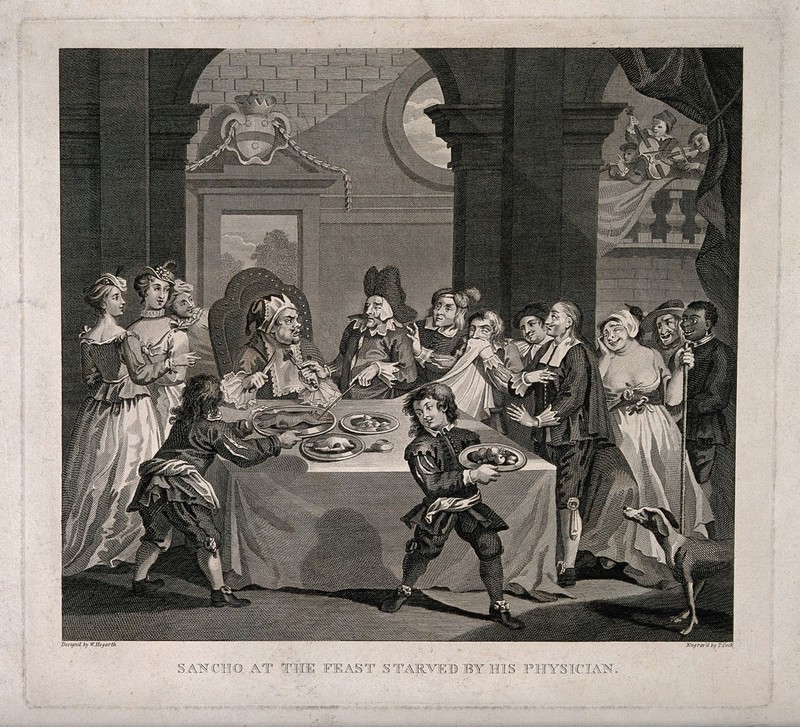 Sancho Panza (the squire of Don Quixote), at a banquet, being starved for health reasons by his physician. Engraving by T. Cook after W. Hogarth after M. de Cervantes Saavedra., by Miguel de Cervantes