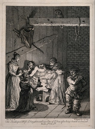 An innkeeper's wife and daughter taking care of Don Quixote's wounds and injuries after being beaten. Engraving after W. Hogarth after M. de Cervantes Saavedra.