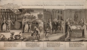 view Four scenes from W. Combe's verse Dr. Last or the devil upon two sticks, a parody of the Royal college of physicians and John Fothergill (in particular). Engraving, 1771, after W. Combe.