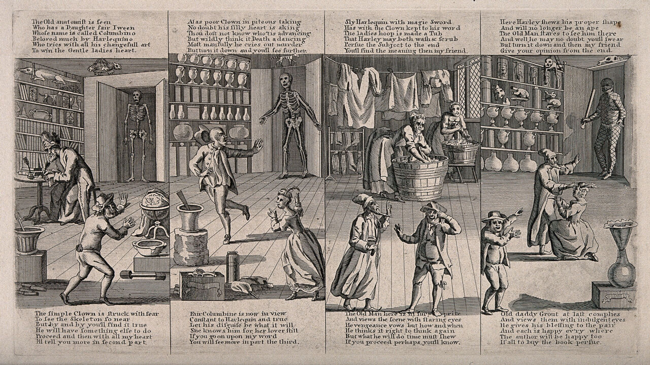 Four scenes from W. Combe's verse Dr. Last or the devil upon two sticks, a parody of the Royal College of Physicians, and in particular John Fothergill. Engraving after W. Combe., by William Combe
