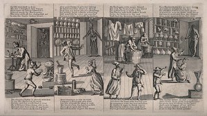 view Four scenes from W. Combe's verse Dr. Last or the devil upon two sticks, a parody of the Royal College of Physicians, and in particular John Fothergill. Engraving after W. Combe.